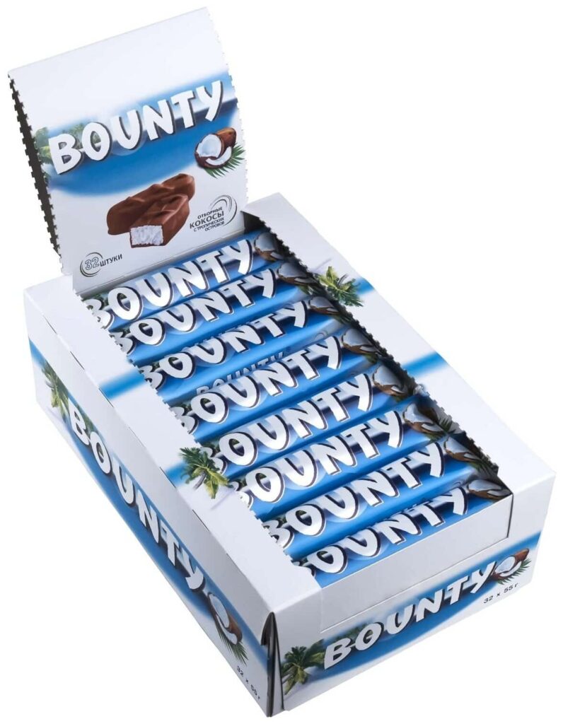 Идея для подарка: Батончик Bounty с нежной мякотью кокоса, коробка, 55 г, 32 шт.