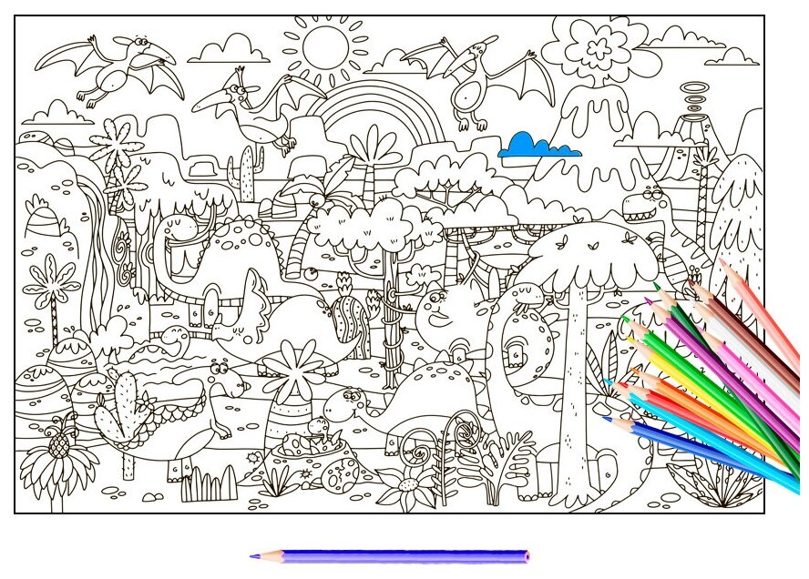 Идея для подарка: Большая раскраска для детей 90х60 см с фломастерами / Детская раскраска - плакат в тубусе / Динозавры