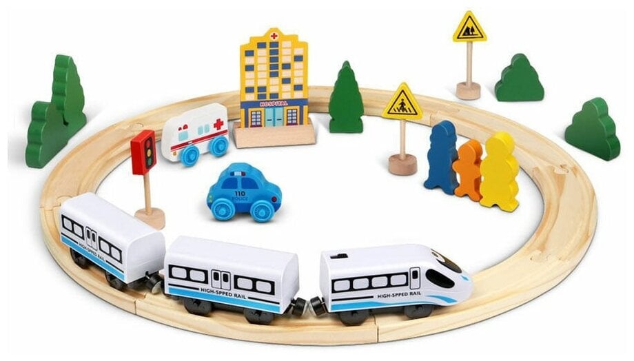 Идея для подарка: Деревянная железная дорога 26 деталей с поездом на батарейках, развивающая игрушка для детей от 3-х лет, деревянный конструктор для мальчиков