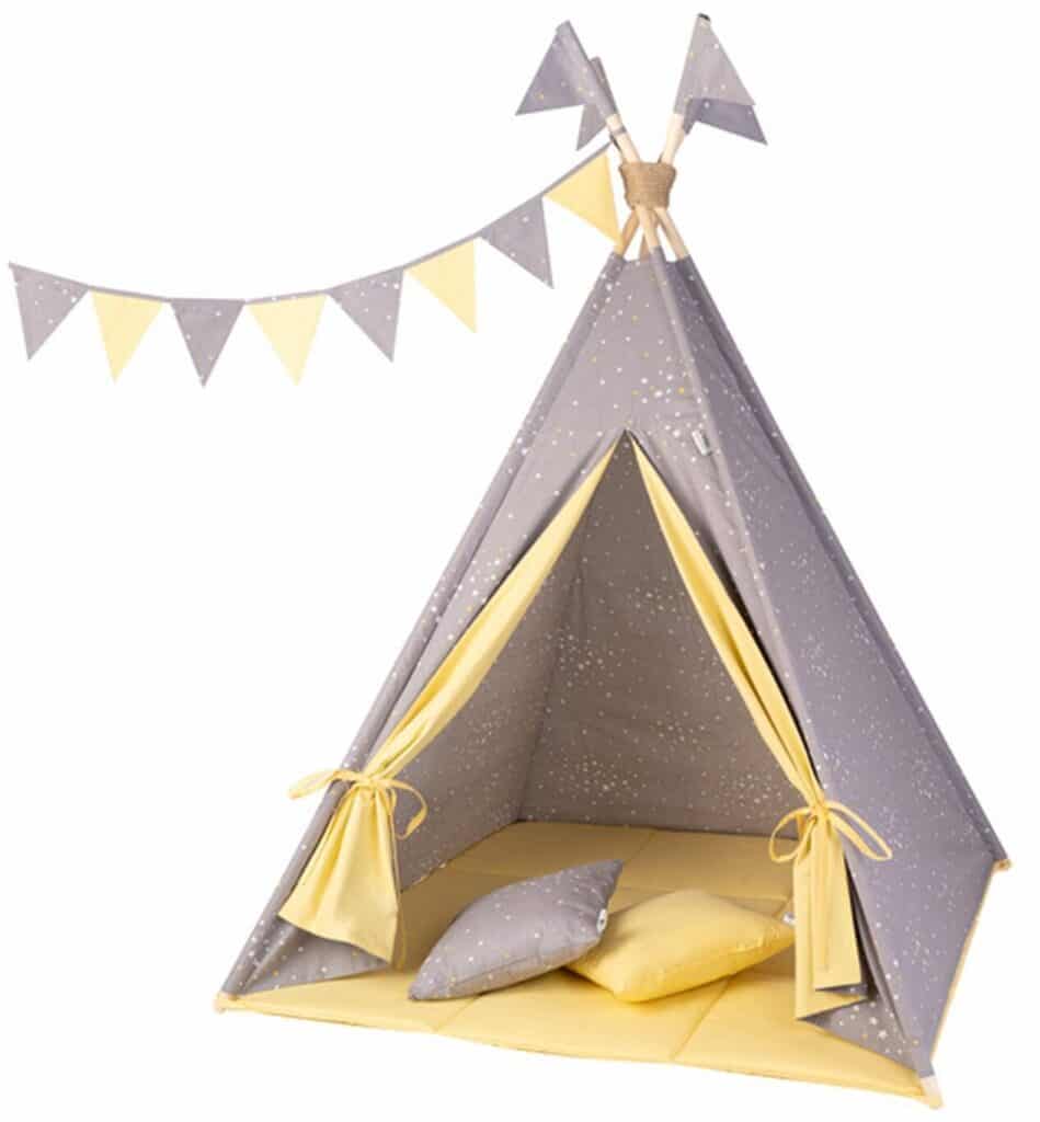 Идея для подарка: Детская игровая палатка вигвам со стеганным ковриком и двумя декоративными подушками, размер 1100х1100х1600 мм