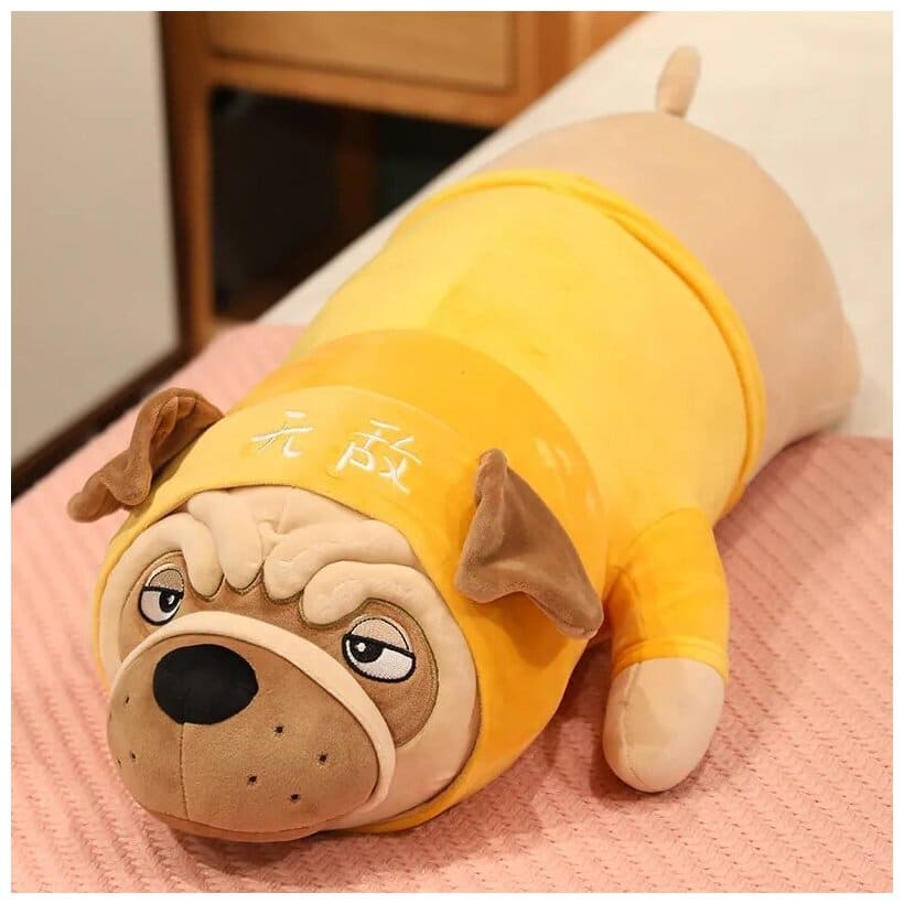 Идея для подарка: Детская мягконабивная мягкая подушка-игрушка в виде бульдога (желтый), 65 см.