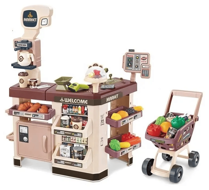 Идея для подарка: Детский игровой магазин с тележкой, кассой-терминалом, светом, звуком, набором денег и продуктов для кухни (65 деталей) (668-104)
