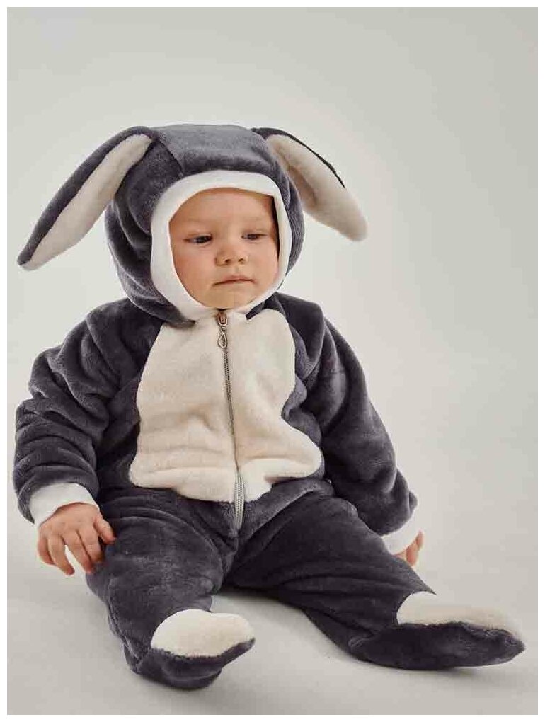 Идея для подарка: Детский комбинезон Зайка на молнии велсофт на возраст 0-6, с капюшоном Одежда, костюмы, комплекты для новорожденных. Цвет серый, Texxet