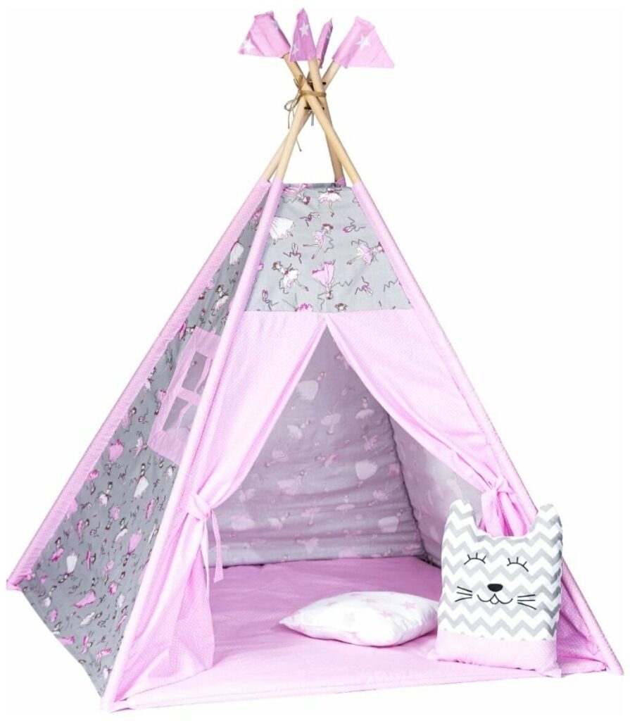 Идея для подарка: Детский Вигвам/палатка/домик с ковриком, окошком, подушкой-игрушкой, подушкой, флажки и системой антискладывания "Балеринки"