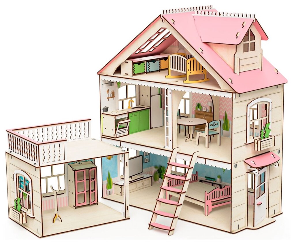 Идея для подарка девочке: M-Wood кукольный домик Особняк с пристройкой, MW-3022, розовый