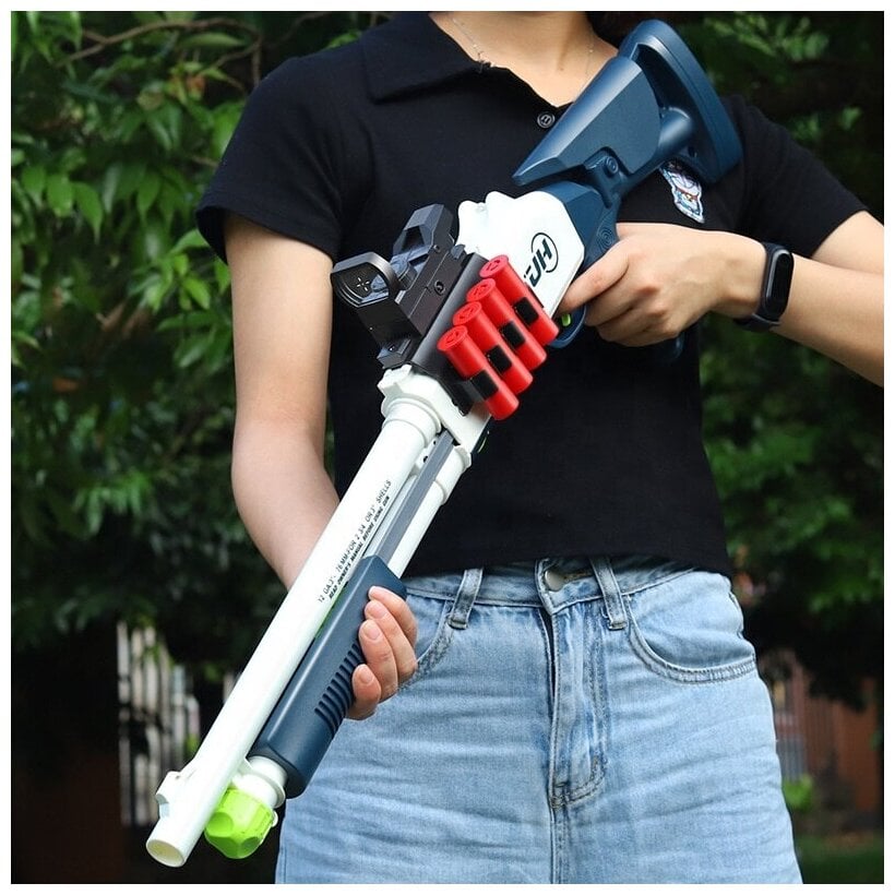 Идея для подарка: Игрушечный Бластер Помповый Дробовик ShotGun М1014 с прицелом, выбросом гильз и мягкими пулями Nerf Blaster