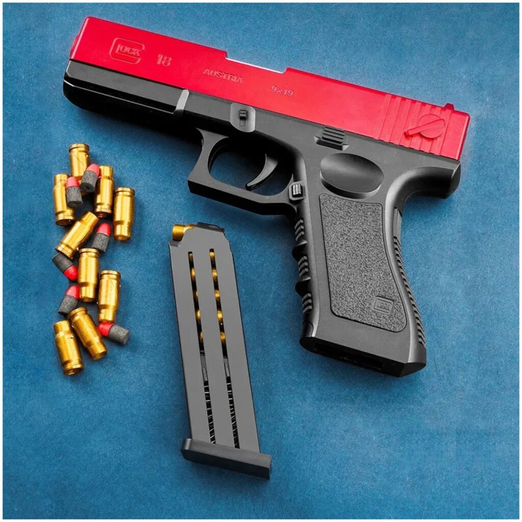 Идея для подарка: Игрушечный пистолет Нерф Глок / M1911с глушителем / Мягкие патроны и гильзы/Красный
