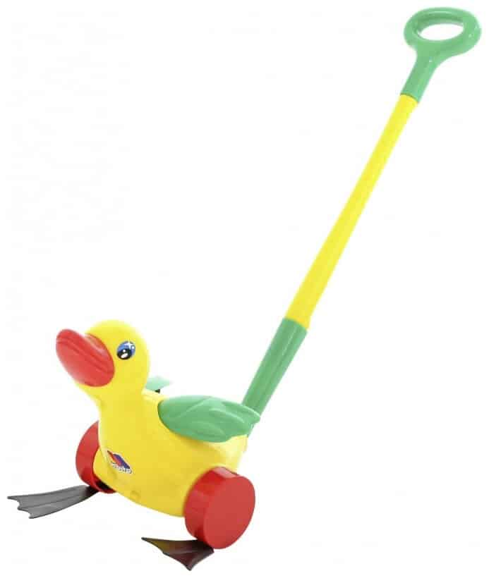 Идея для подарка: Каталка-игрушка Molto Утёнок с ручкой, 7925 желтый/зеленый/красный