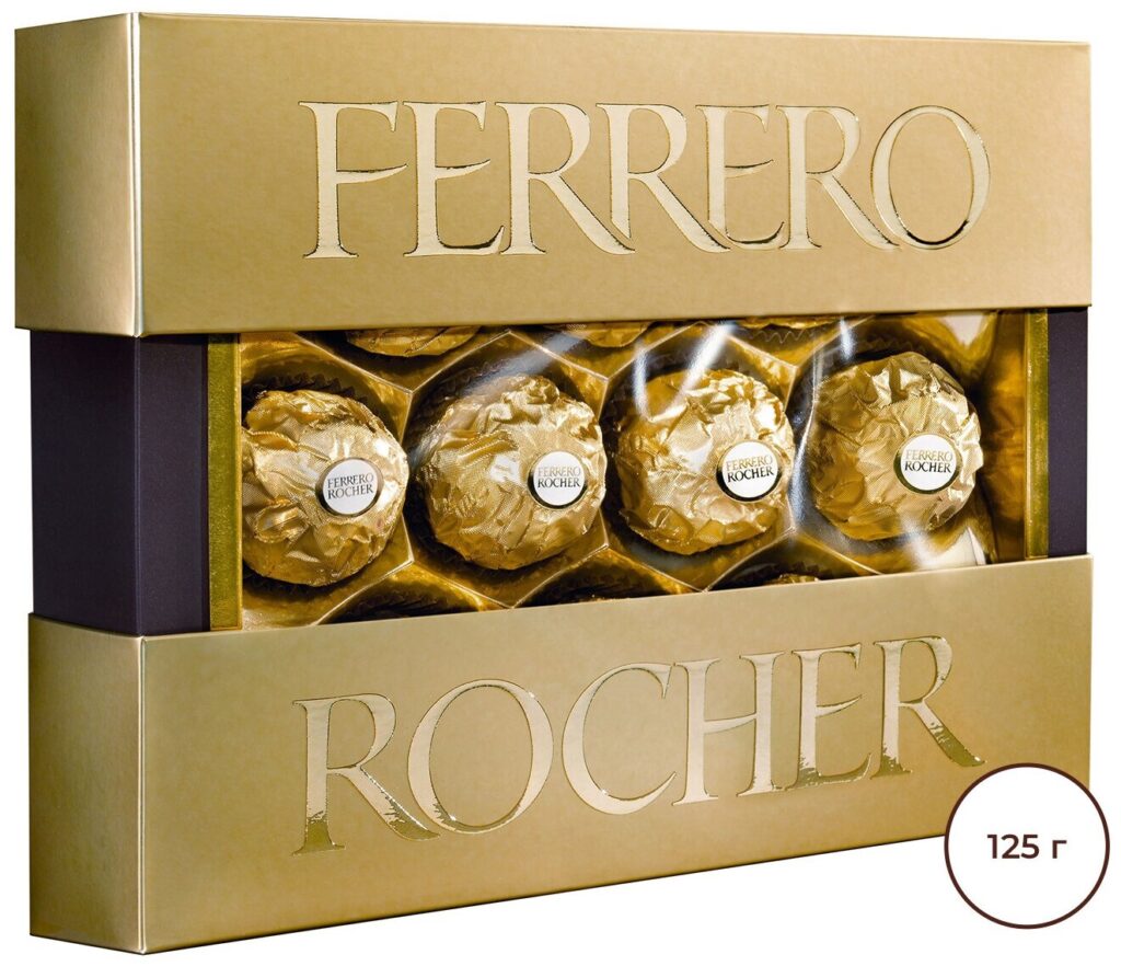 Идея для подарка: Конфеты хрустящие Ferrero Rocher из молочного шоколада, покрытые измельченными орешками, с начинкой из крема и лесного ореха, 125г