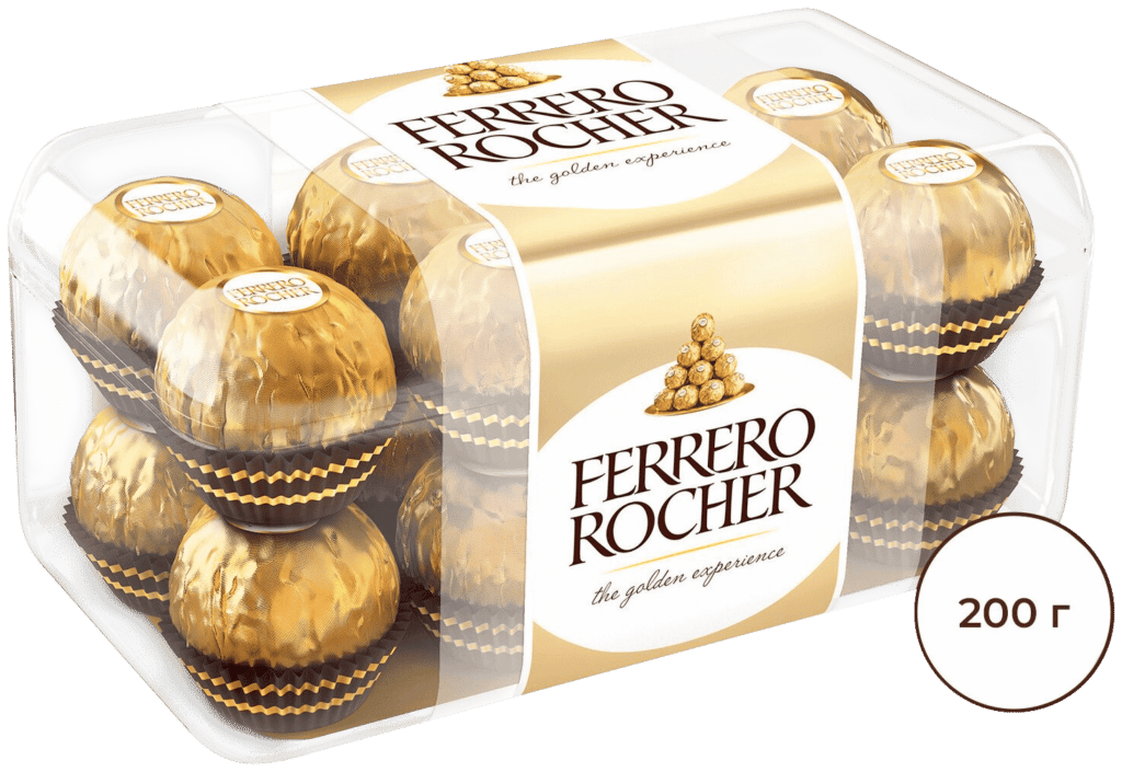 Идея для подарка: Конфеты хрустящие Ferrero Rocher из молочного шоколада, покрытые измельченными орешками, с начинкой из крема и лесного ореха, 200г