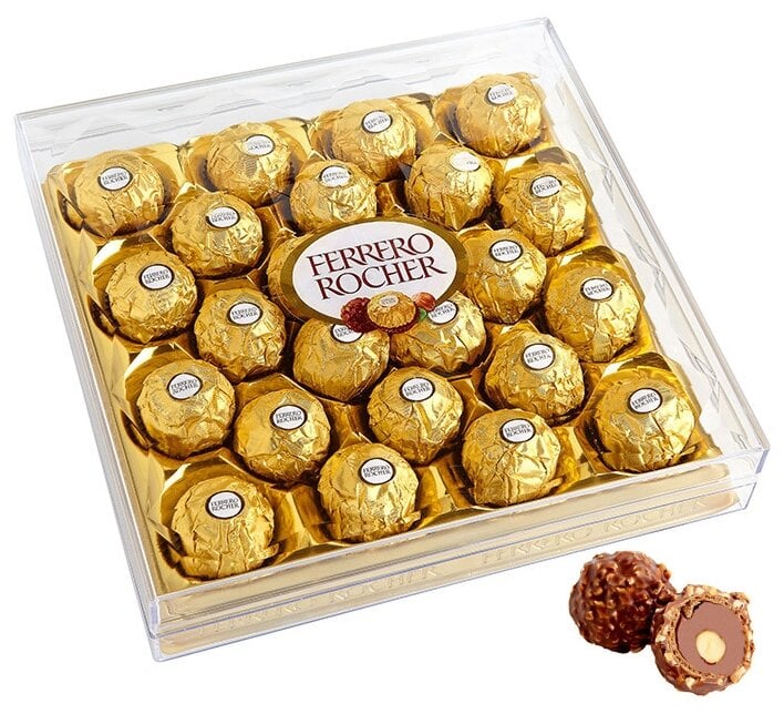 Идея для подарка: Конфеты хрустящие Ferrero Rocher из молочного шоколада, покрытые измельченными орешками, с начинкой из крема и лесного ореха, 300г