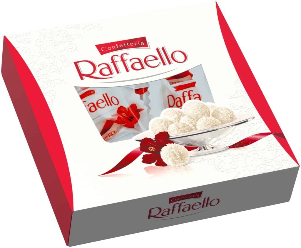 Идея для подарка: Конфеты Raffaello с цельным миндальным орехом в кокосовой обсыпке, 240г, плоская