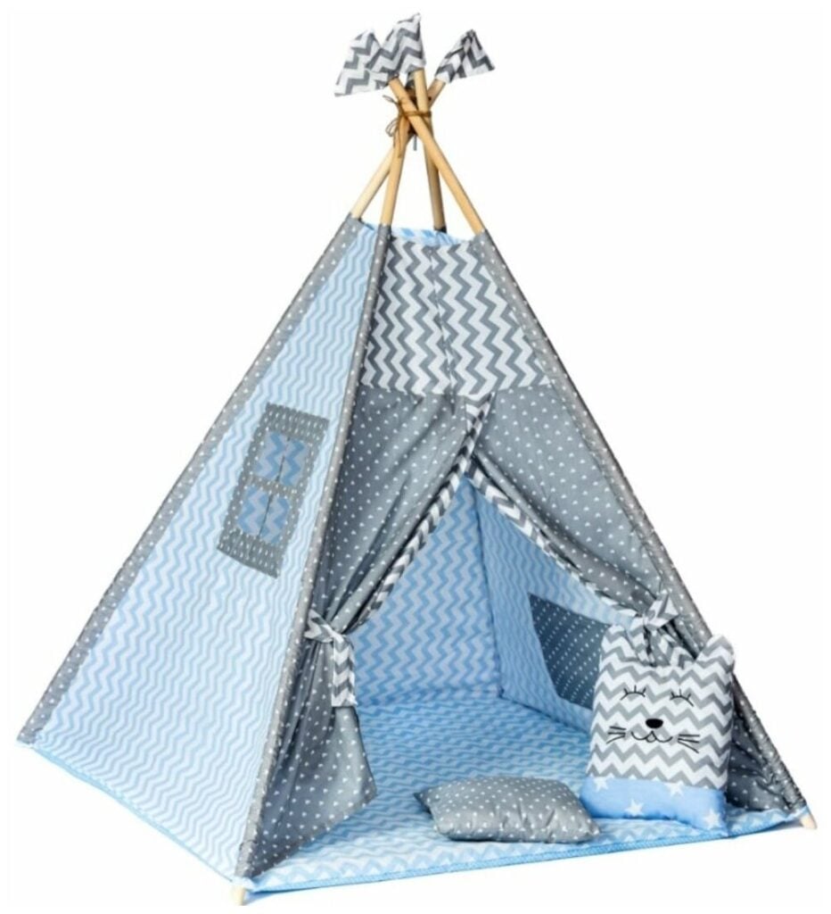 Идея для подарка мальчику: Детский Вигвам/палатка/домик с ковриком, подушкой-игрушкой, подушкой, флажки - 4 шт кармашек и антискладывание "Милый домик" серо-голубой
