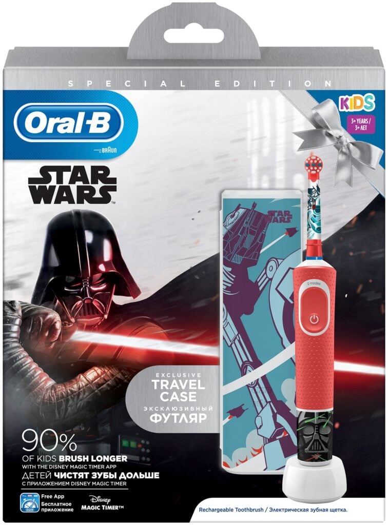Идея для подарка мальчику: Электрическая зубная щетка Oral-B Vitality Kids Звездные войны D100.413.2KX чехол, красный