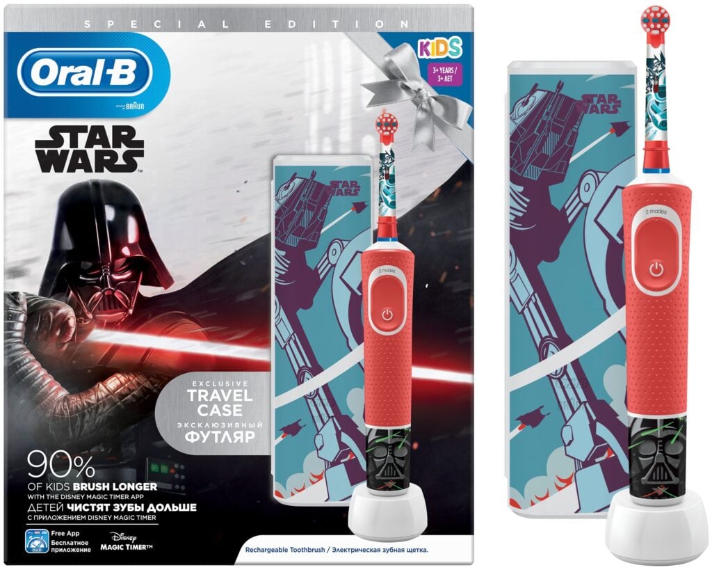 Идея для подарка мальчику: Электрическая зубная щетка Oral-B Vitality Kids Звездные войны D100.413.2KX чехол, красный