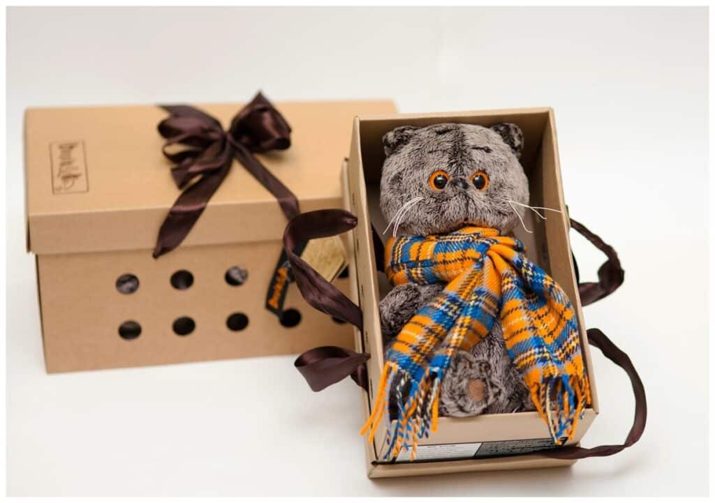 Идея для подарка: Мягкая игрушка Basik&Co Кот Басик в оранжевом клетчатом шарфе, 22 см