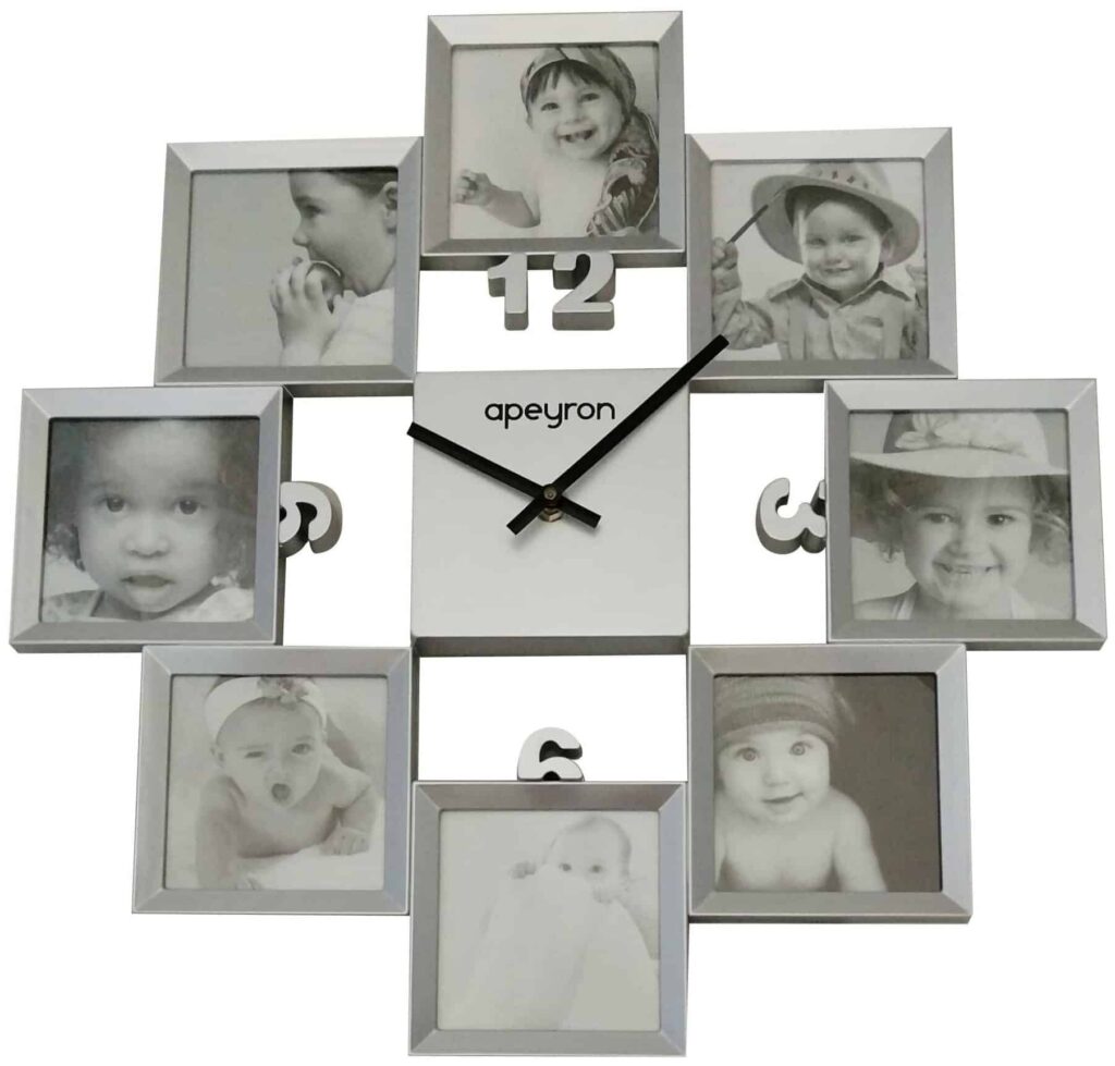 Идея для подарка: Настенные часы Apeyron RF9160-1 в виде квадратных рамок для фотографий, расположенных вокруг крестообразного циферблата. Лицевая сторона защищена стеклом. На белом циферблате часов с серым квадратом по центру расположены дизайнерские цифры и две стрелки.