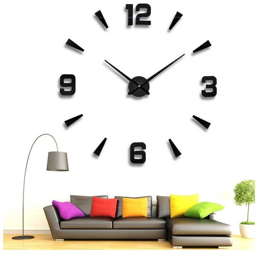 Идея для подарка: Настенные часы клеящиеся до 70 см / большие настенные часы- наклейка / настенные 3D часы, стильные часы черные
