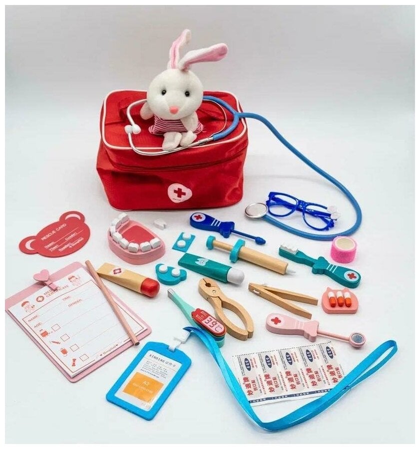Идея для подарка: Развивающий сюжетно-ролевой набор доктора стоматолога с мягкой игрушкой в сумочке / Деревянный набор доктора стоматолога в сумочке с мягкой игрушкой