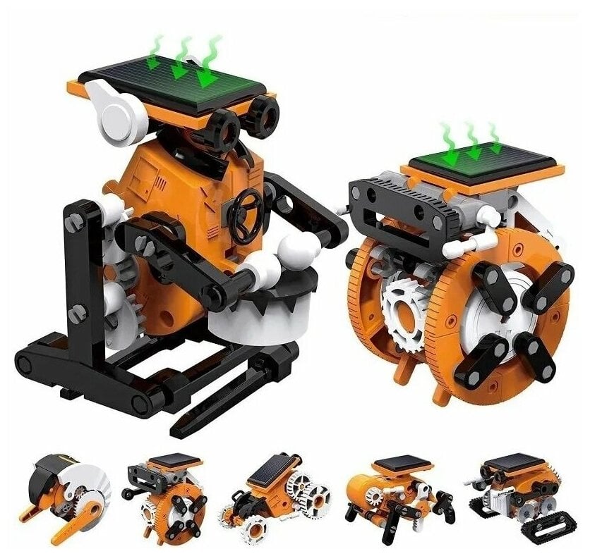 Идея для подарка: Робот 7 в 1, робот на солнечных батареях, робот конструктор на солнечных батареях, обучающая игрушка робот, оранжевого цвета