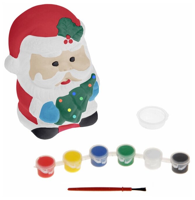 Идея для подарка: Роспись по гипсу - копилка «Дед Мороз с ёлочкой» краски 6 цветов по 3 мл, кисть