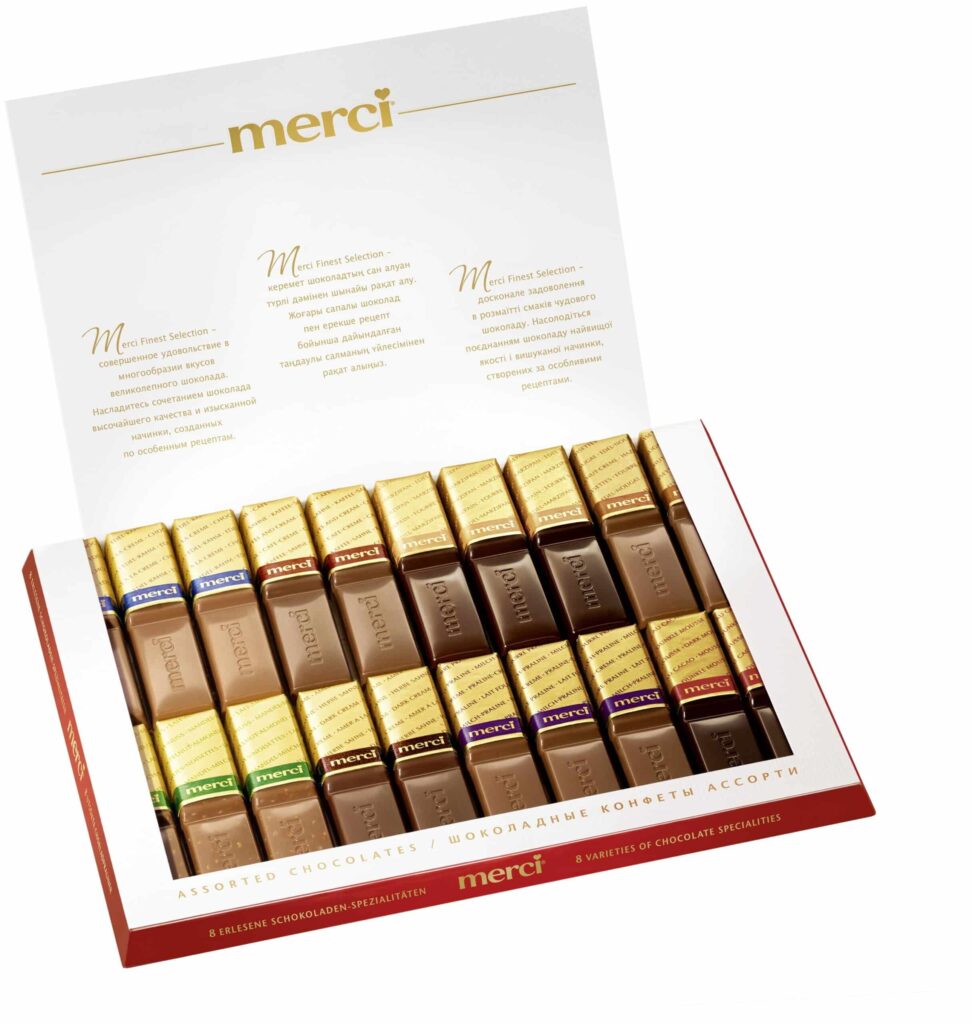Идея для подарка: Шоколадные конфеты merci ассорти Весенние вставки 250 гр. (2 дизайна в 1 коробе)
