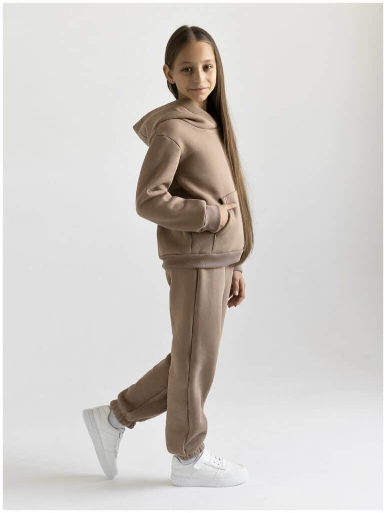 Идея для подарка: Спортивный костюм для девочки теплый с начесом из футера (толстовка, штаны) Светло-коричневый 128-134 размер